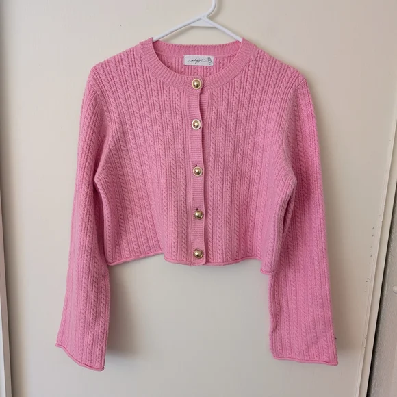 Carly Jean Womens Small Cable Knit Cardigan Sweater Pink Coquette Cottage Preppy - Picture 1 of 7